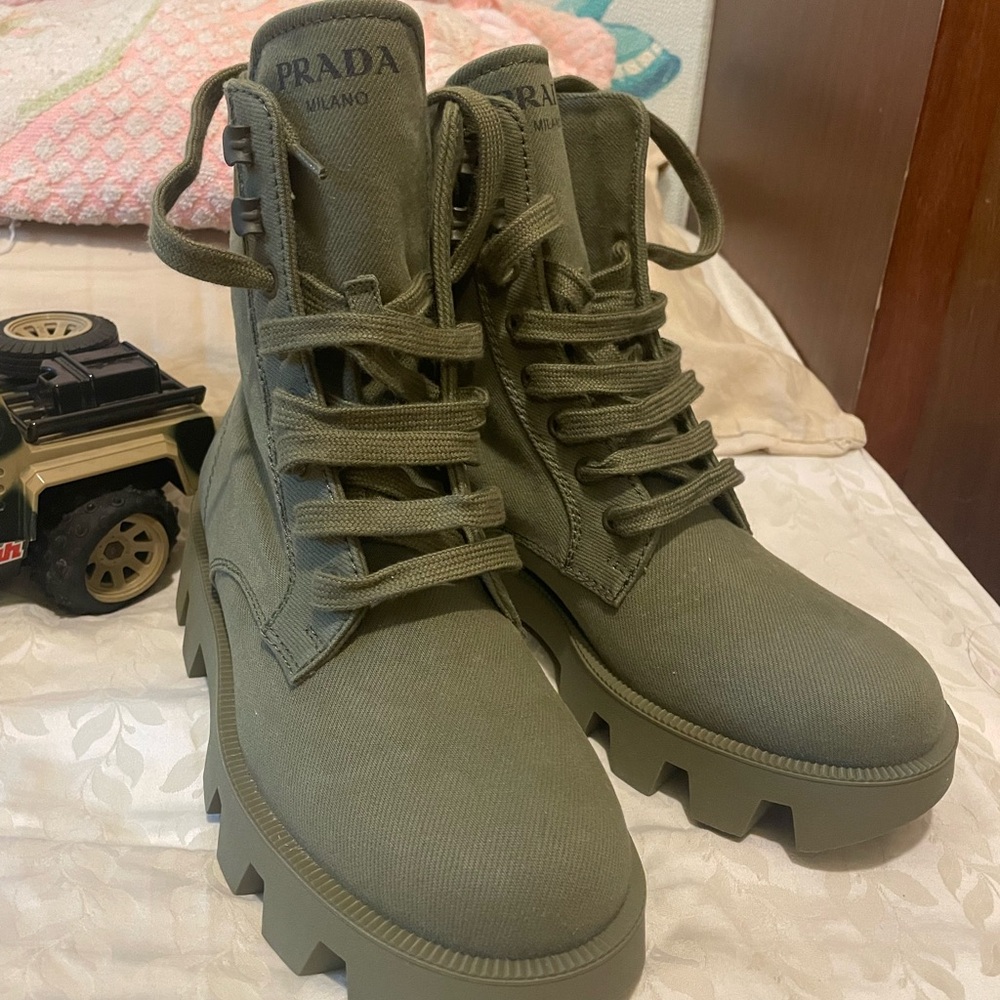 Prada Olive Canvas Lug-Sole Boots